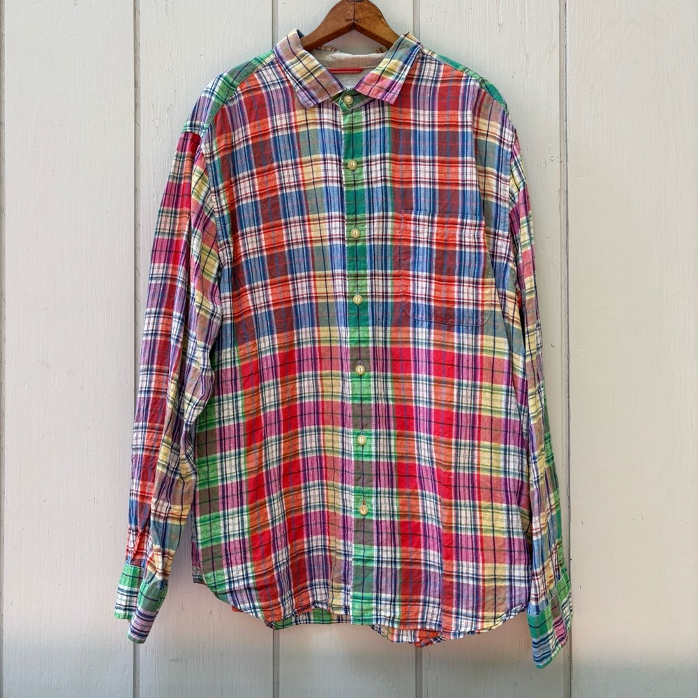 TOMMY BAHAMA—Long-Sleeve Madras Shirt—Men XL (18.5 x 38.5)—100% LINEN—India—VG+